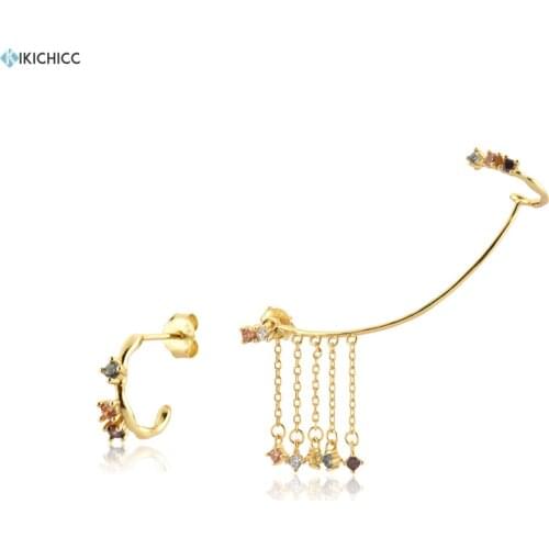 KIKICHICC 925 Sterling Silver Gold Rainbow CZ Long Bar PEGASUS GOLD EARRING Summer Loops Thicker Large Rock Punk Party