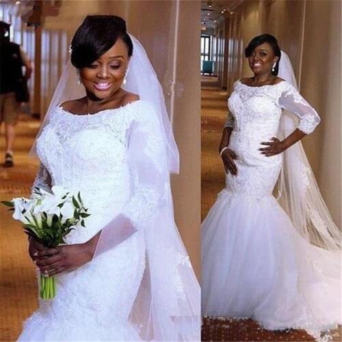 Lace Wedding Dresses Mermaid Bridal Gowns Long Sleeves Plus Size Appliqued African Robe De Marriage