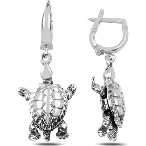 KUTAYDAN Oxidized Dangle Turtle Earrings 925 Sterling Silver