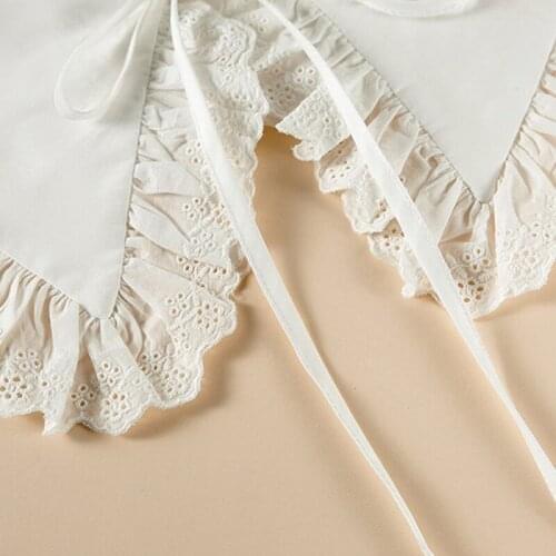 L93F Royal Style Women Girls Cotton Fake Collar Shawl Wrap Hollow Out Floral Lace RuffledTrim Necklace Pointed Triangle Lapel