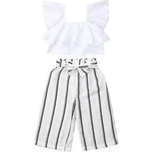 2-7Y Summer Infant Kid Baby Girl Clothes Sets White Ruffle Top Striped Long Pants Trousers Outfit Clothes Set