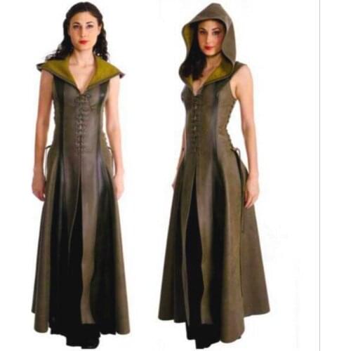 Hot Selling Women Slim Lace Cosplay Costume Faux Leather Medieval Ranger Dress Long Dresses Sleeveless Coats Free Shipping