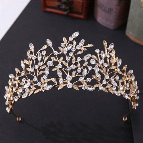 Trendy Wedding Tree Leaves Crown Bridal Gold Color Headpiece Crystal Diadem Queen Crown Princess Tiaras Wedding Hair Jewelry New