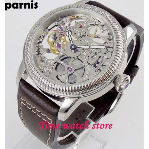 Luxury 44mm PARNIS watch men waterproof leather bracelet stainless luminous 17 jewels mechanical 6497 hand wind wrist 1234