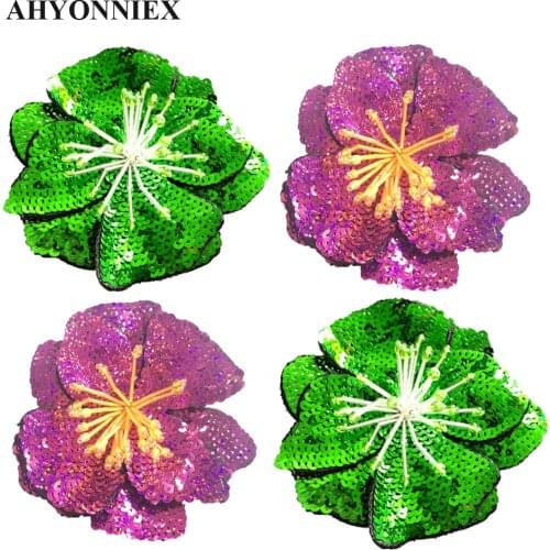 AHYONNIEX 11CM Green Rose Red Color Large Sequins Flowers Patches Fashion Applique for Clothing Sew On Parch for Clothes