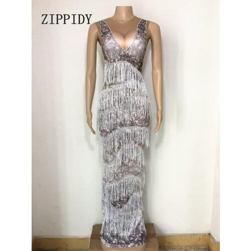 2020 New Summer Long Dress Female Party Wear Sexy Gray Tassel Costume Womens Performance Celebrate Dresses Evening Outfit