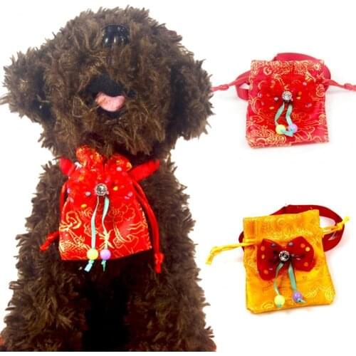 New Year Lucky Pouch Design Bowknot Decor Cat Dog Collar Neck Strap Amall Pet Accessories Supplies