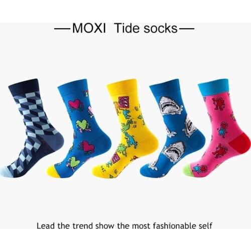 New Products Mens Combed Cotton Print Socks Funny Shark Cartoon Pattern Geometric Skateboard Hip Hop Series Novelty Socks