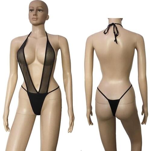 Sexy Sheer Mesh Stretchy Snap Crotch Halter Plunge V Neck Teddy Lingerie Peek-a-Boo One Piece Romper Monokini Bodysuit