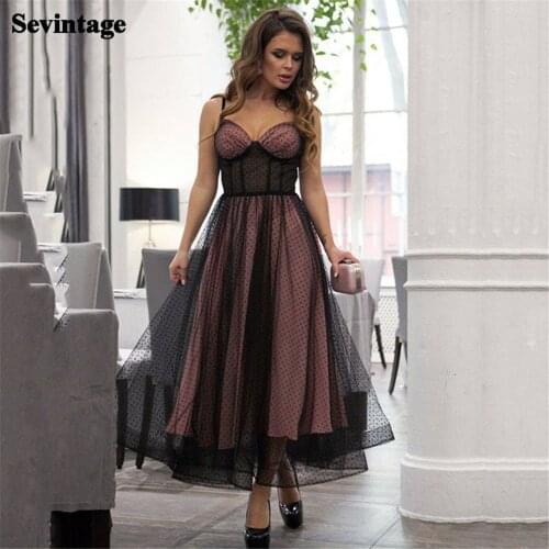 Sevintage A Line Pink Black Short Prom Dresses Straps Tea Length Dotted Tulle Evening Gowns Custom Made Homecoming Dress 2021