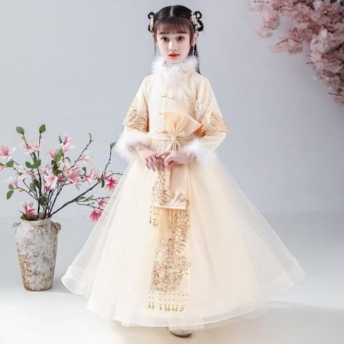 Girls Dresses Chinese Style Ancient Costume Hanfu Vestidos Orientales Tang Suit Dress Thicken Childrens Warm Robe New Arrival