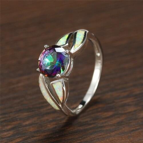 Luxury Female Rainbow Crystal Stone Ring Vintage Silver Color Opal Engagement Ring Charm Round Thin Wedding Rings For Women