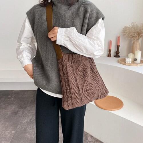 Wool crossbody solid color niche design retro female bag everyday carry casual knitted shoulder bag