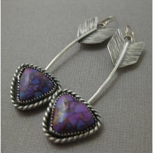 Vintage Triangle Purple Green Stone Arrow Earrings Retro Ethnic Turquoises Antique Silver Color Long Rod Drop Pendant Jewelry
