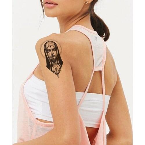 Waterproof Temporary Tattoo Sticker Black Nun Smoke Cross Fake Tattoos Flash Tatoo Arm Hand Chest Neck Body Art for Women Men