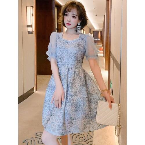 Top Quality Sexy square neck pin bead mesh bubble sleeve embroidered dress womens summer new