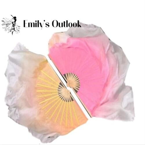 Real Silk Fan Veil Pair(1L+1R) Women Belly Dance Bamboo Short Veils Double Sides Two Layers Light Weight Pink Yellow Gradient