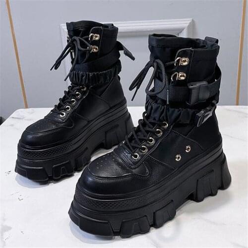 Platform chunky boots Women Motorcycle Boots Chunky Heels Casual Lacing Round Toe Platform Boots Shoes Female