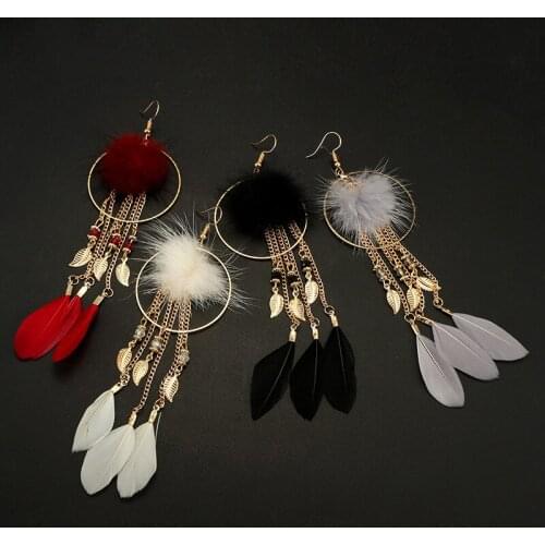 Boho Long Drop Tassel Earrings For Women Hairball feather Vintage Ethnic Gold Rainbow Earring Wedding Statement Fashion Jewelry