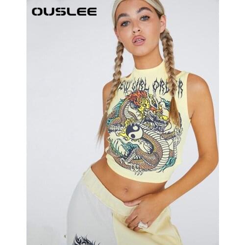 OUSLEE Women Summer Skinny Graphic T Shirts Navel Trend Print Stretchy Sleeveless Cropped Kawaii Crop Top Streetwear Tees Tops