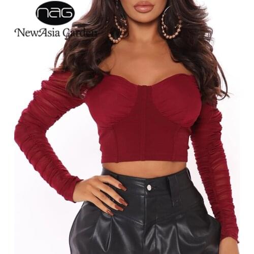 NewAsia Padded Mesh Crop Top Women Square Neck Long Sleeve Sheer Corset Top White Blouses Fashion Casual Streetwear