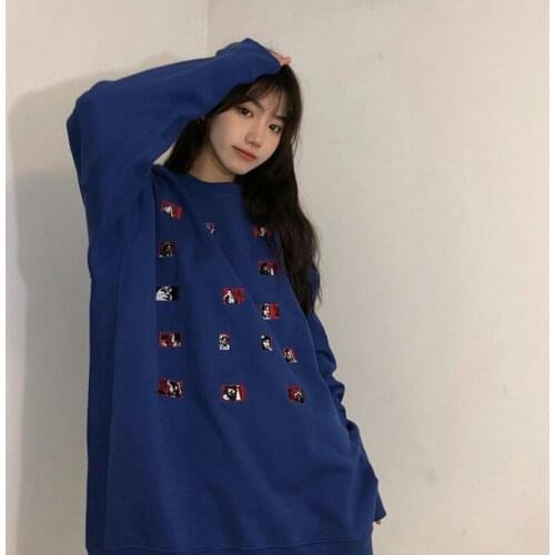 Print Crew Neck WomenS Sweatshirt Korean Oversized Harajuku Y2k Causal Autumn Hoodies Clothes Blue Loose All-Match Tops2021