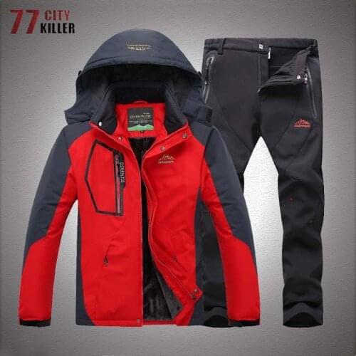 Winter Hiking Jacket Suit Men Outdoor Thick warm Camping Hooded Jackets Sets Male Military Fleece Waterproof Windproof Clothing