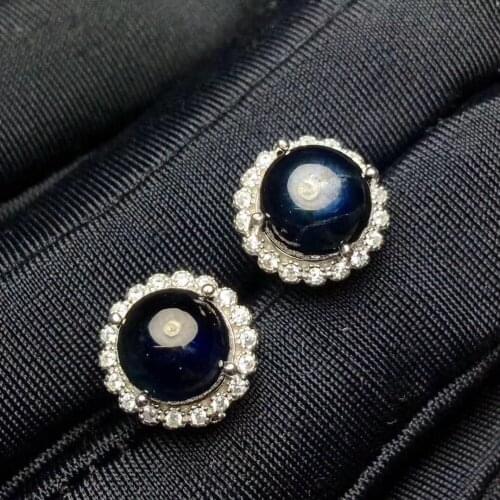 Sapphire earring Free shipping Natural real sapphire 925 sterling silver Fine jewelry 8mm 2pcs