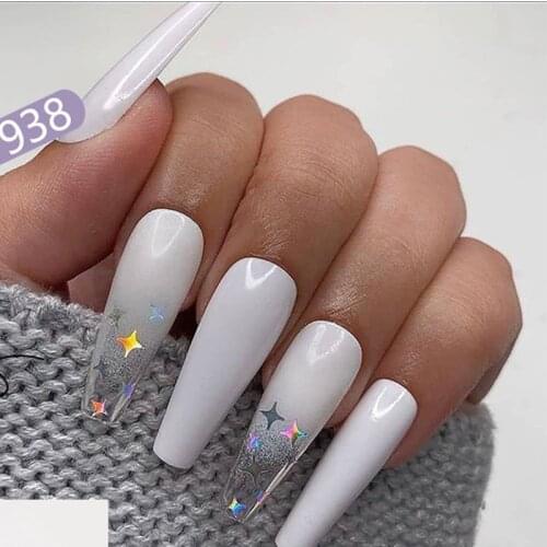 24pcs/set Long Coffin Fake Nails Laser White Star Decal Full Cover Ballerina Nail Art Tips with Glue Artificial Fingernail Tools