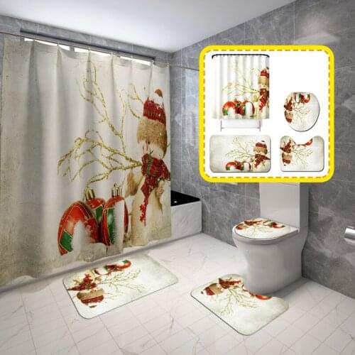 3D Christmas Snowman Shower Curtain Bathroom Curtain with 3pcs Anti-slip Bathroom Mat Toilet Seat Cover Set Absorb Water Rugs
