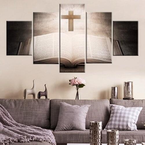 5 Panels Christian Jesus Cross Print Canvas Wall Art Vintage Sunshine Bible Book Background Paintings Home Decor for Bedroom Liv