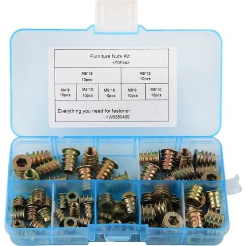 70Pcs/set M4/M5/M6*8/10/13 Zinc Alloy Thread For Wood Insert Nut Flanged Hex Drive Head Furniture Nuts Assortment Kit