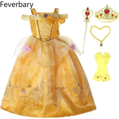 Feverbary Beauty and The Beast Belle Princess Crown Scepter Accessories Girls Children Cosplay Belle Costume Fancy Party Dress