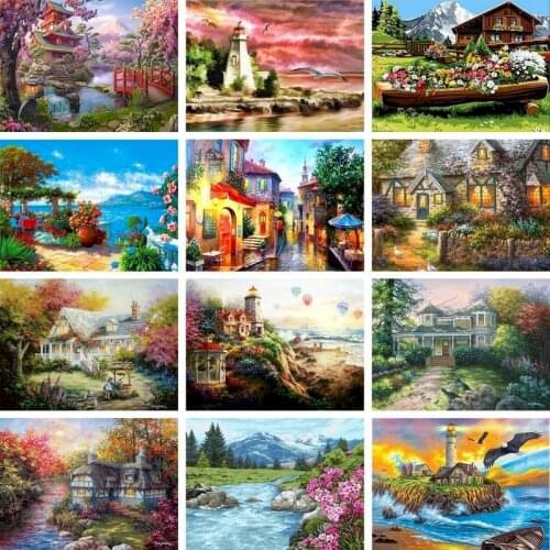 Gatyztory 60×75cm Landscape House DIY Painting By Numbers Acrylic Paints Canvas Drawing Handpainted Kits Gift Home Decor