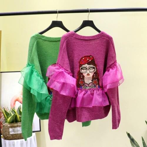 Fashion brand 2020 autumn and winter new princess forest sweet ruffled printed knitted cardigan women tide brand sweater