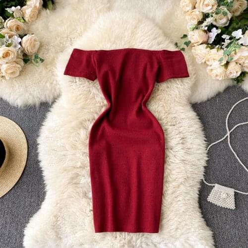 Summer Womens Dress Korean Version of The Retro Solid Color One-way Neck Short-sleeved Dress New Waist Female Dresses LH060