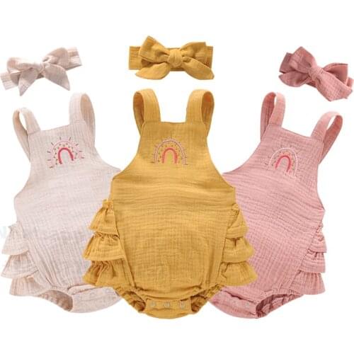 Baby Girls Summer Rompers Clothes Embroidery Rainbow Printed Strap Ruffles Sleeveless Romper with Headband 2Pcs Outfits Baby Set