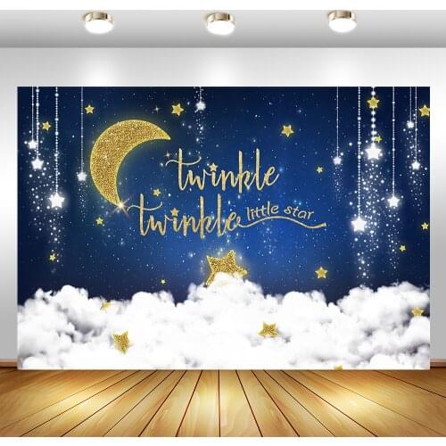 Twinkling Little Stars Backdrop Golden Moon and White Clouds Photography Background Baby Shower Birthday Party Photo Background