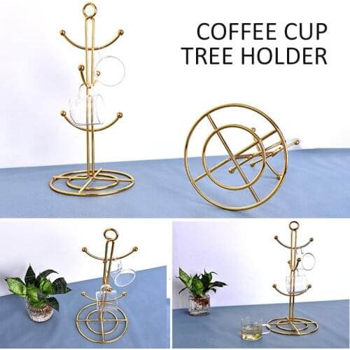 New Arrival Coffee Cup Tree Holder Mug Stand Kitchen 6 Tea Coffee Cups Storage Bracket Metal Gold Color Hanging Drain Cup Holder