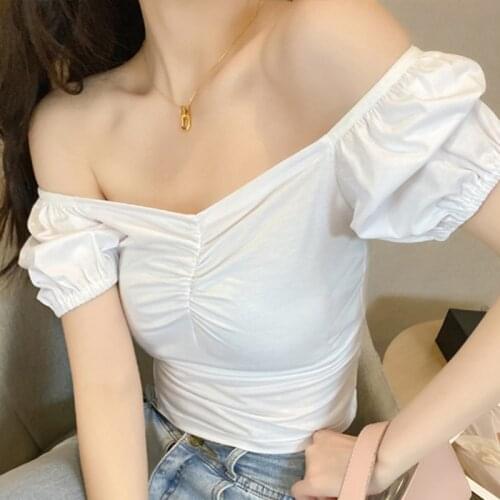 Puff Sleeve Solid Strapless T-Shirt Women Fashion Simple Loose T-Shirt Woman Daily Casual Slim Short Tops Ladies Summer 2021