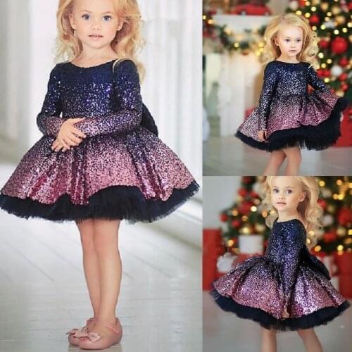 Girls Dresses Ombre Sequine Girls Dresses Gowns Long Sleeve Purple Pageant Dresses Cute Tutu Dresses