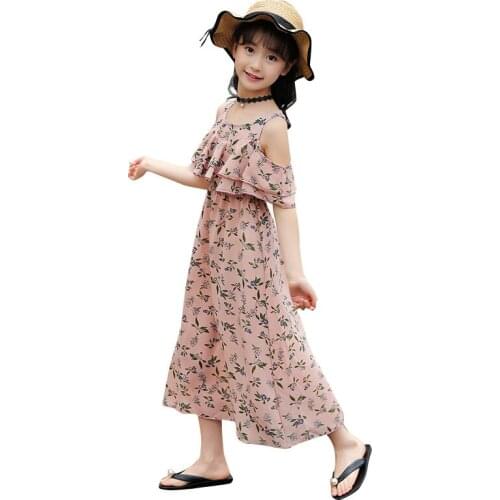Girls Dresses Summer New Chiffon Dress Floral Print Shoulder Bohemian Vacation Vest Small Fragrant Beach Dress 4-12 years