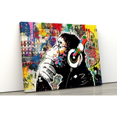 Animal Graffiti Canvas Monkey is Listening To The Music Painting Printing Wall Art Room Posters Decor For Living Room Bedroom
