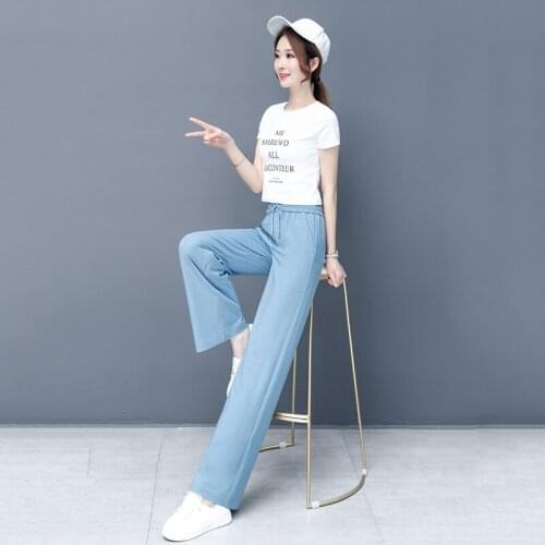 Casual High Waist Tencel Womens Flowy Wide Leg Jeans Pants Summer Harajuku Female Drape Thin Ice Silk Pantalones Long Trousers