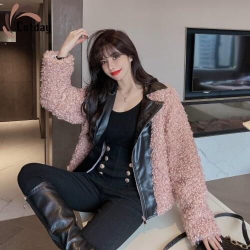 Cotday V Neck Granular Cashmere Pink Sweet Fashion Winter Fur New Lamb Fur Versatile Temperament Splicing Woman Fur Coat