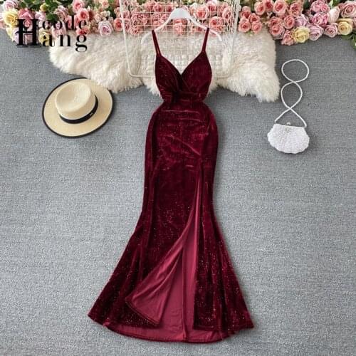 HangCode Sexy Velvet Maxi Dress Women Spaghetti Strap Sleeveless High Slit Party Long Dress 2021 Spring Autumn Lady Vestidos