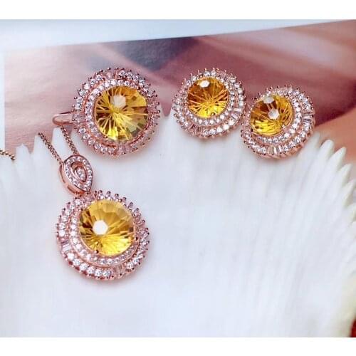 Brilliant yellow citrine stud earrings ring bracelet necklace jewelry set 925 silver round natural gem ornament party gift
