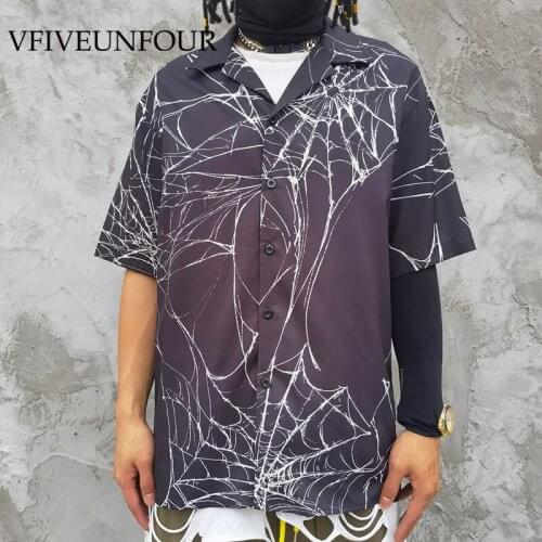 VFIVE UNFOUR Vintage Shirts Graffiti Cobweb Short Sleeve Beach Shirt Streetwear Hip Hop Fashion Summer Loose Button Tops