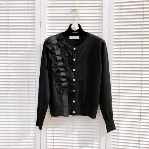 Brand Design Laides Winter New Clothes 2021 Runway Cute Designer 3D Bow Single-Breasted O-Neck Long-Sleeved Sweater Cardigans