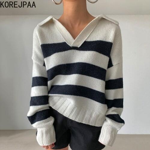 Korejpaa Hit Color Striped Pullover Women Turn-down Collar Long Sleeve Casual Fashion Sweater Knitwear Autumn Winter Top New